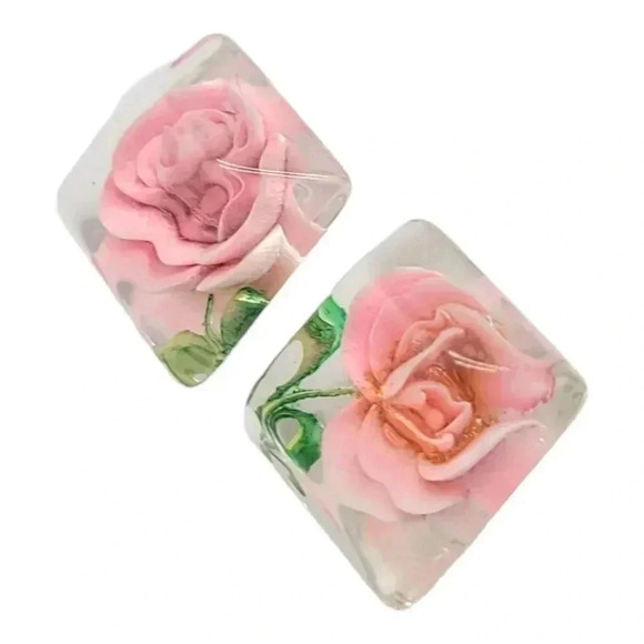 Clear Lucite Square 3D Pink Flower Post Back Earrings Vintage 0.75" x 0.75" - Picture 3 of 5